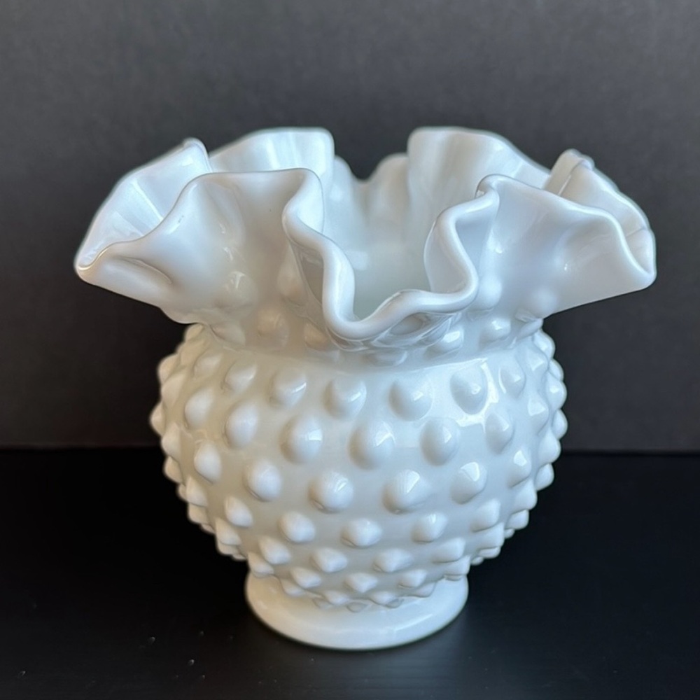 FENTON Hobnail Milk Glass Vase Crimped Ruffle Edge 4-1/4”